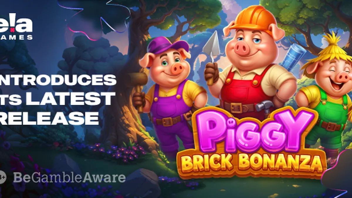 Interface do jogo Piggy Brick Bonanza com elementos temáticos de construção