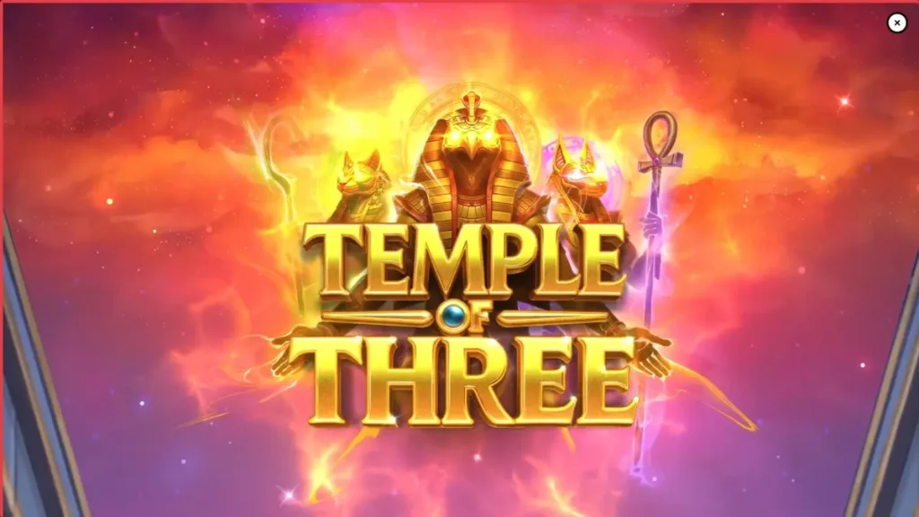 Temple of Three slot machine interface featuring Egyptian gods and golden treasure