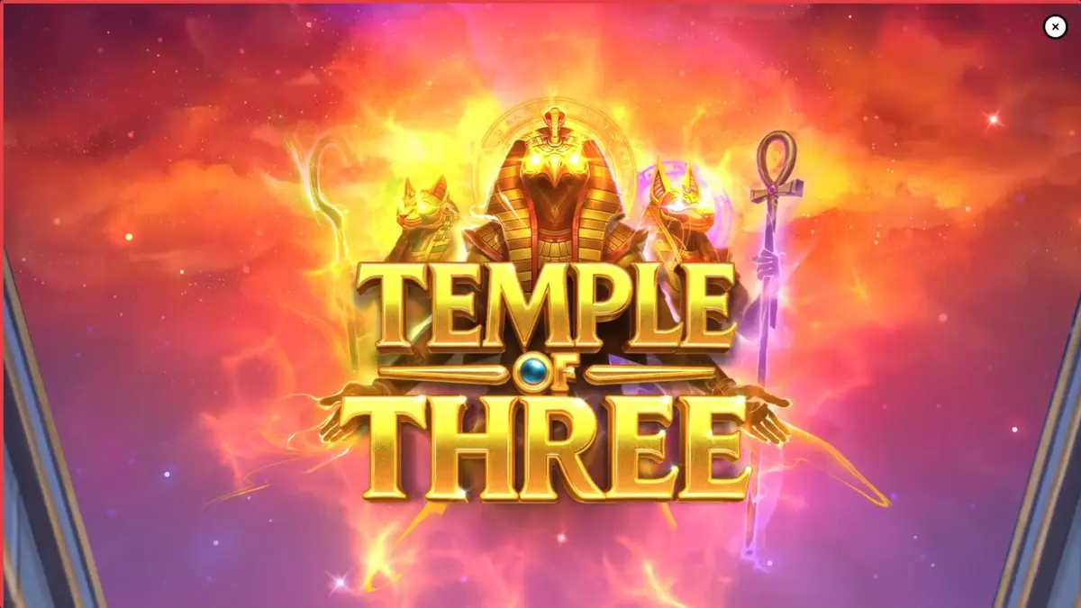 Temple of Three slot machine interface featuring Egyptian gods and golden treasure