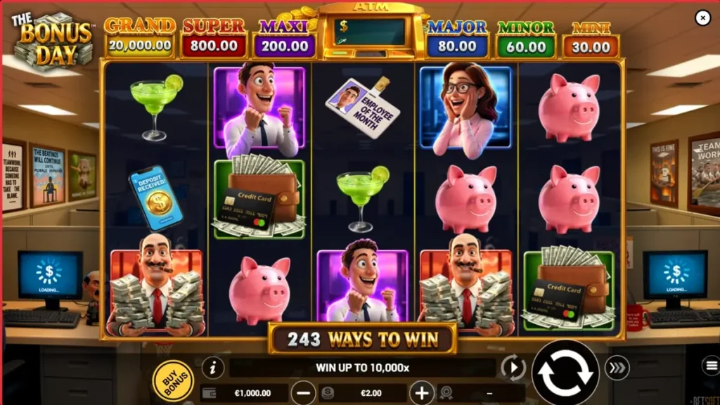 Interface visual do slot The Bonus Day com tema de escritório e personagens animados.