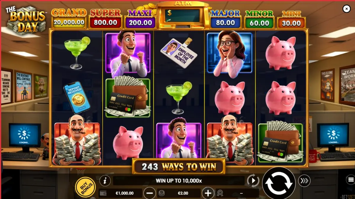 Interface visual do slot The Bonus Day com tema de escritório e personagens animados.